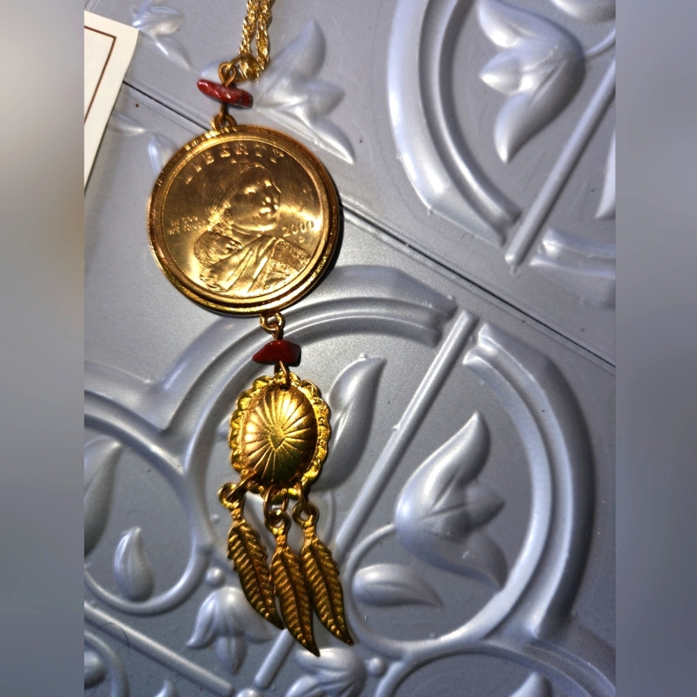 Sacagawea Dollar Coin Pendant on a 24" gold rope chain